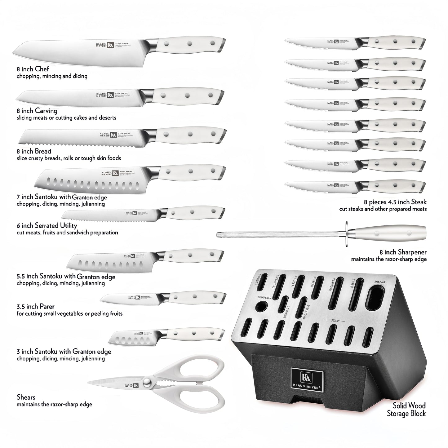 Klaus Meyer Stahl 19-Piece German Steel Kitchen Knife Block Set (Black) | Premium Knife Set, Long-Lasting Sharpness, Versatile Knife Choices, Space-Saving Block, Ideal For Food Prep & Large Gathering