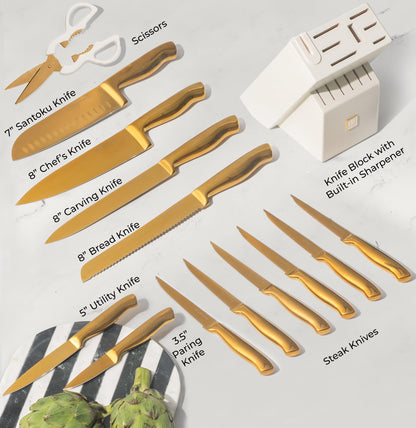 Styled Settings Gold Knife Set with Block and Built-In Sharpener, 14-Piece
