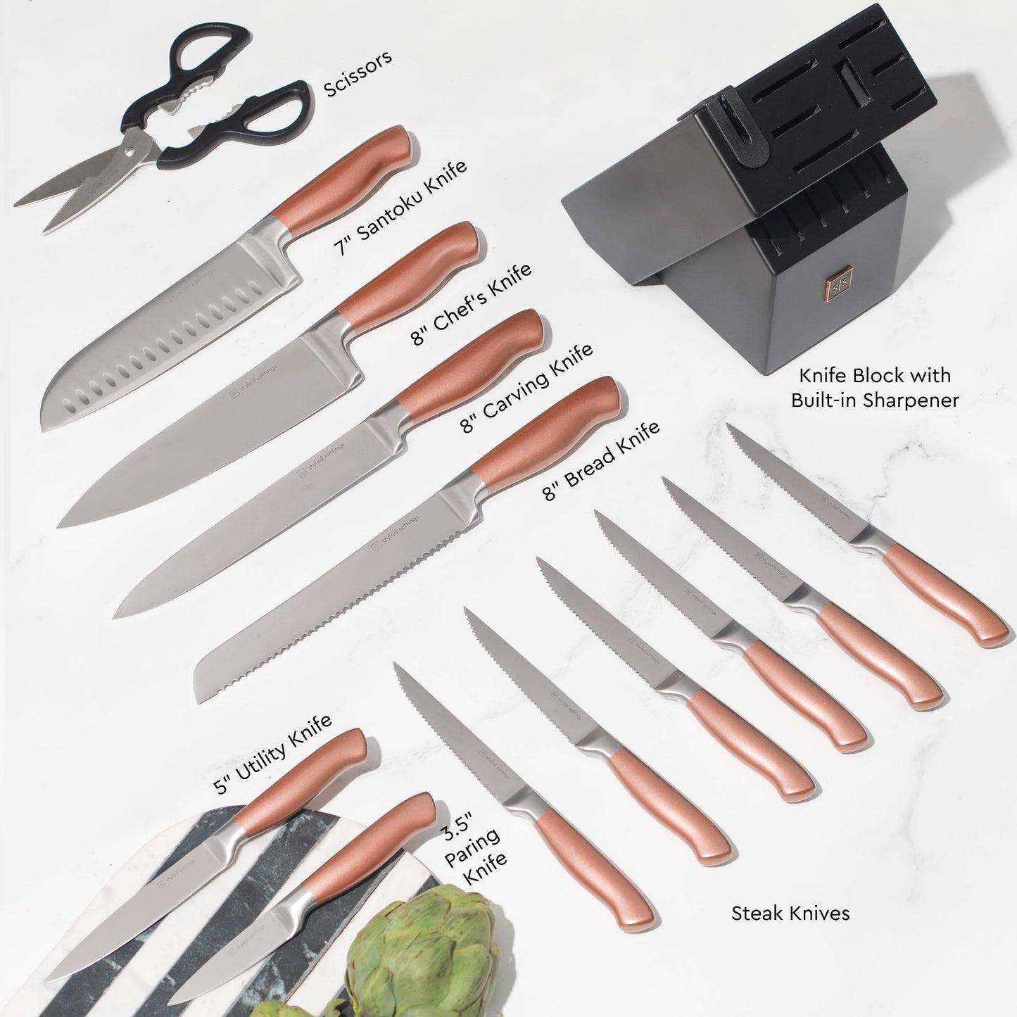 Styled Settings Gold Knife Set with Block and Built-In Sharpener, 14-Piece