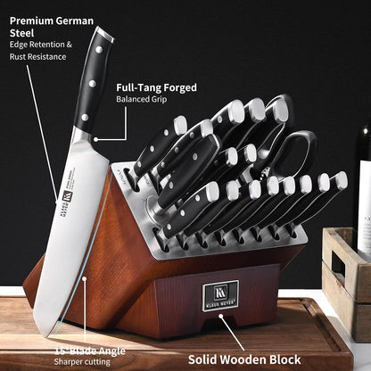 Klaus Meyer Stahl 19-Piece German Steel Kitchen Knife Block Set (Black) | Premium Knife Set, Long-Lasting Sharpness, Versatile Knife Choices, Space-Saving Block, Ideal For Food Prep & Large Gathering