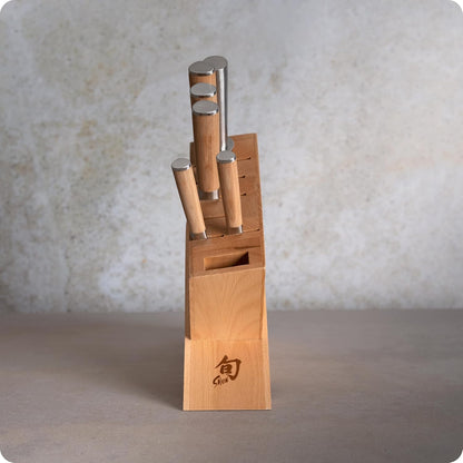 Shun Classic Blonde 7 Piece Block Set | Includes 5 Classic Blonde Knives, Honing Steel and Knife Block, Damascus Stainless Steel Cladding, Pakkawood Handle