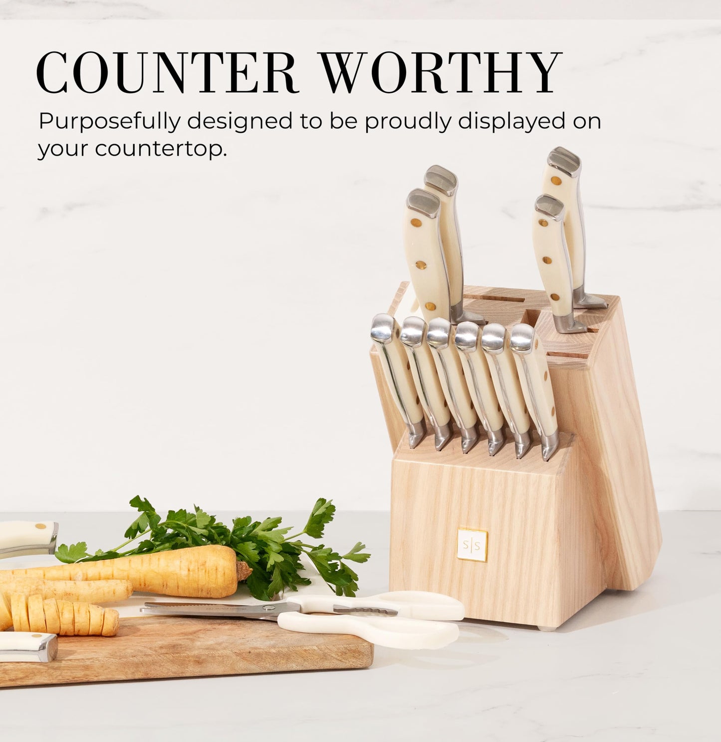 Styled Settings Gold Knife Set with Block and Built-In Sharpener, 14-Piece