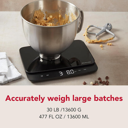 KitchenAid High Capacity Glass Surface Digital Kitchen and Food Scale, 30 Pound Capacity and Precision, Grams, Ounces, Pounds, Fluid Ounces & Milliliters, LED, Tare Function, Black