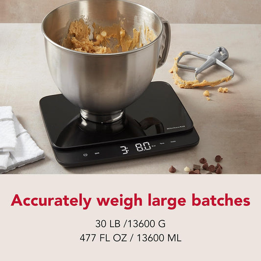 KitchenAid High Capacity Glass Surface Digital Kitchen and Food Scale, 30 Pound Capacity and Precision, Grams, Ounces, Pounds, Fluid Ounces & Milliliters, LED, Tare Function, Black
