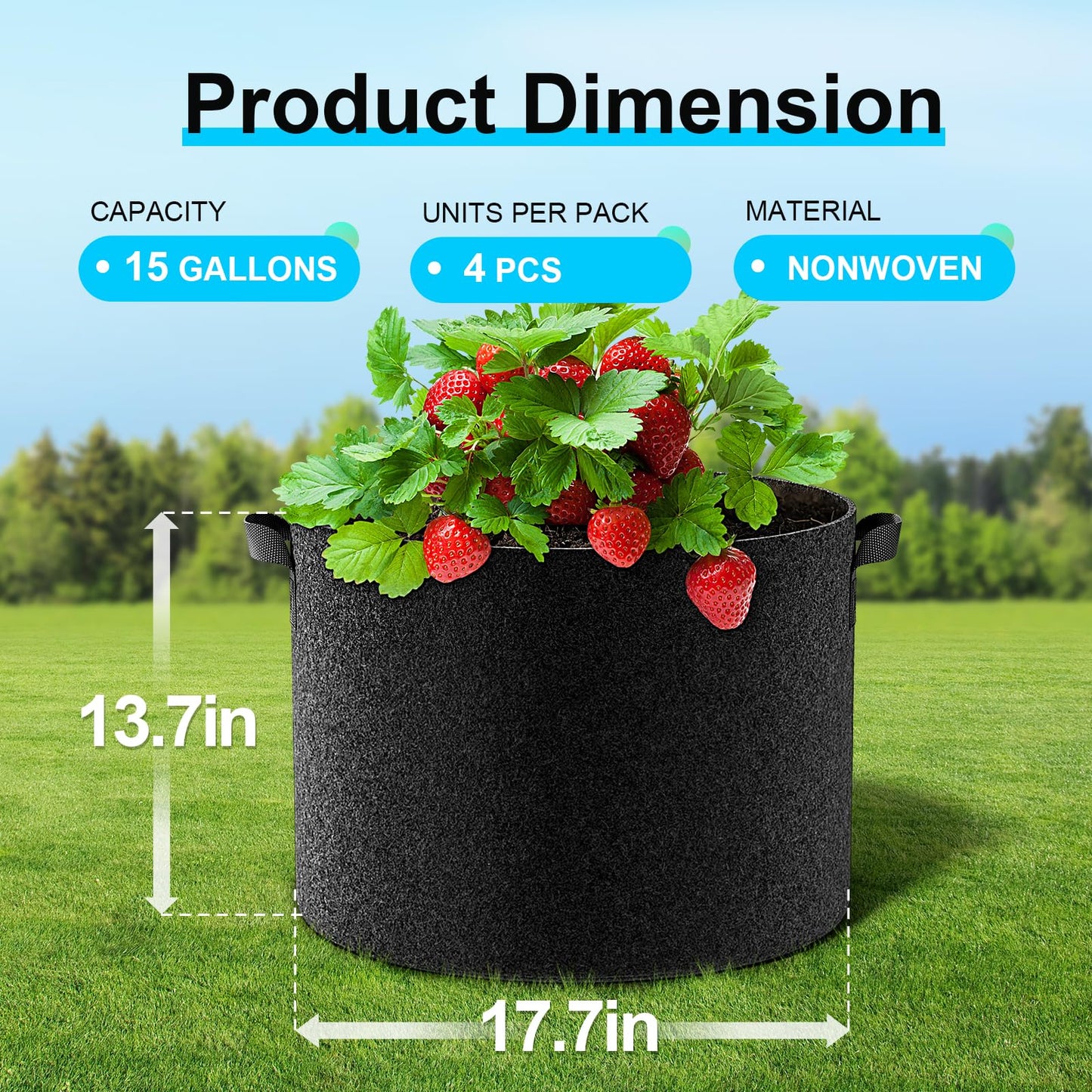 Land Guard 4-Pack Fabric Grow Bags 20 Gallon, Thickened Nonwoven Garden Pots, Growing Bags with Handles, Black