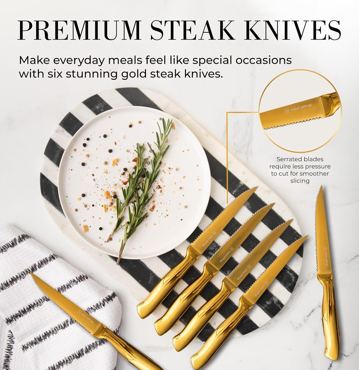Styled Settings Gold Knife Set with Block and Built-In Sharpener, 14-Piece