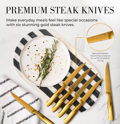 Styled Settings Gold Knife Set with Block and Built-In Sharpener, 14-Piece