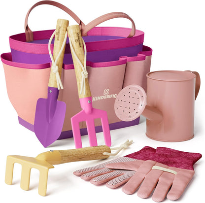 Kinderific Gardening Set, Tool Kit, for Kids, STEM, Includes Tote Bag, Spade, Watering Can, Rake, Fork, Trowel and Gloves (Sunshine)