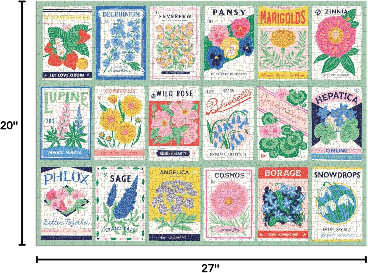 Galison Ever Upward | 1000 Piece Puzzle Fun and Challenging Activity with Bright and Bold Artwork of Vintage Style Flower Seed Packets for Adults and Families