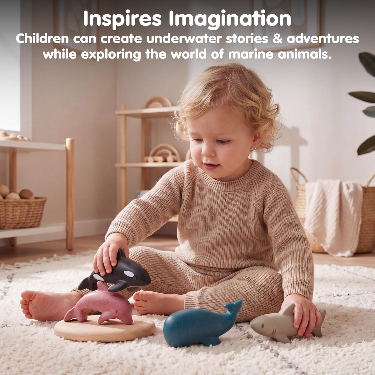 PlanToys® Wooden Sea Life 4-Piece Set, Dolphin, Orca, Whale & Shark Kids