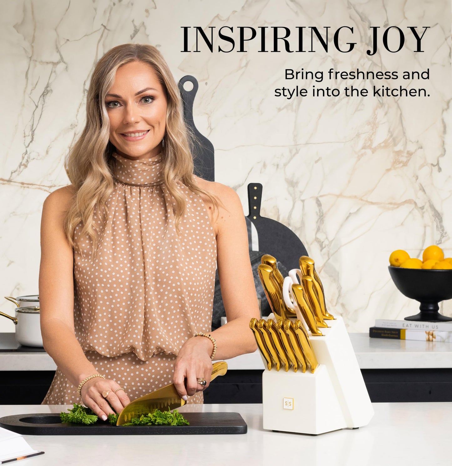Styled Settings Gold Knife Set with Block and Built-In Sharpener, 14-Piece
