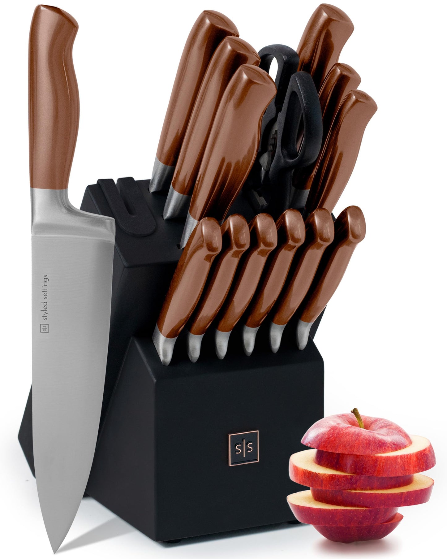 Styled Settings Gold Knife Set with Block and Built-In Sharpener, 14-Piece