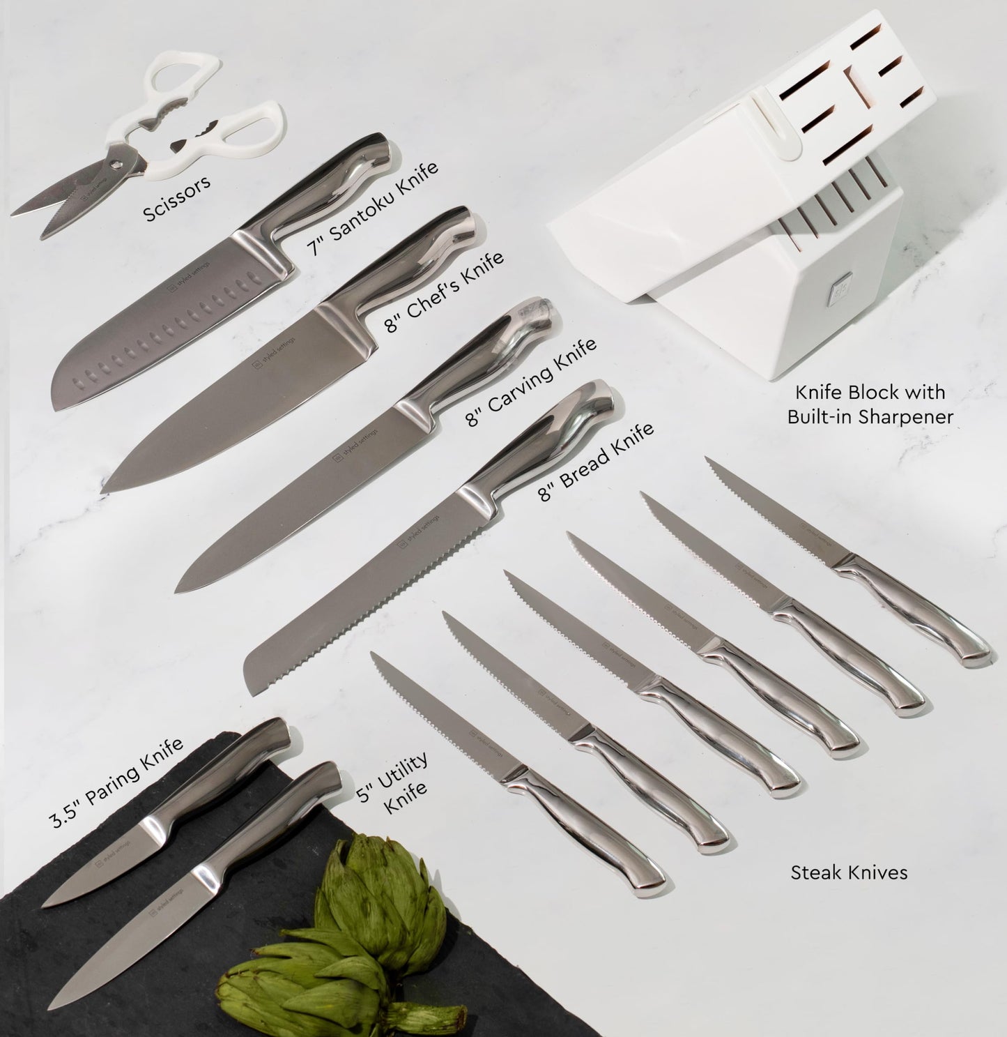 Styled Settings Gold Knife Set with Block and Built-In Sharpener, 14-Piece