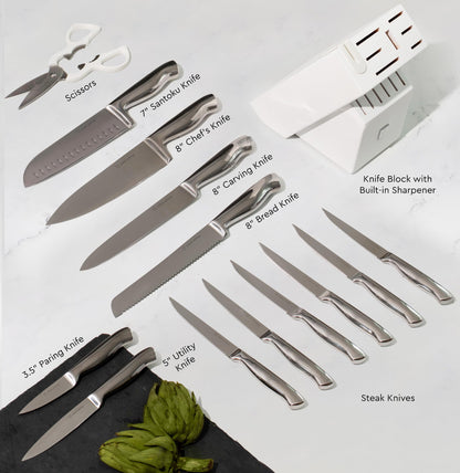 Styled Settings Gold Knife Set with Block and Built-In Sharpener, 14-Piece