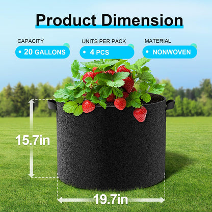 Land Guard 4-Pack Fabric Grow Bags 20 Gallon, Thickened Nonwoven Garden Pots, Growing Bags with Handles, Black