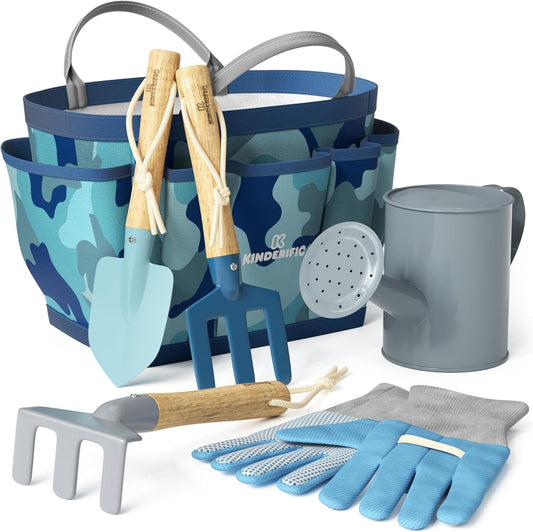 Kinderific Gardening Set, Tool Kit, for Kids, STEM, Includes Tote Bag, Spade, Watering Can, Rake, Fork, Trowel and Gloves (Sunshine)