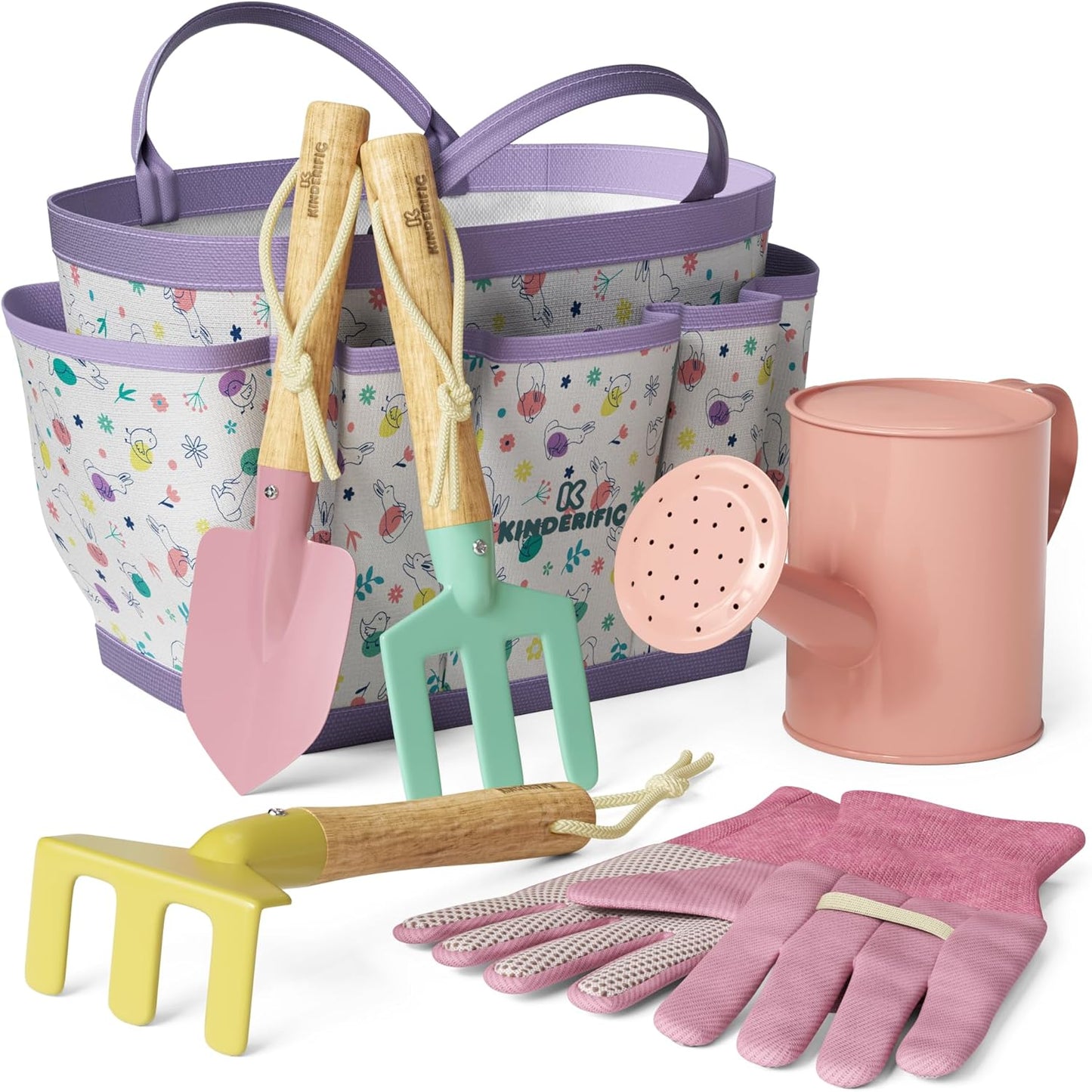 Kinderific Gardening Set, Tool Kit, for Kids, STEM, Includes Tote Bag, Spade, Watering Can, Rake, Fork, Trowel and Gloves (Sunshine)