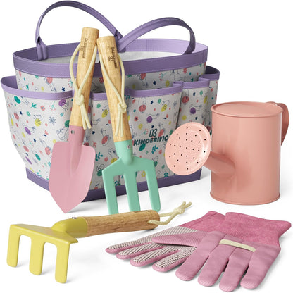 Kinderific Gardening Set, Tool Kit, for Kids, STEM, Includes Tote Bag, Spade, Watering Can, Rake, Fork, Trowel and Gloves (Sunshine)