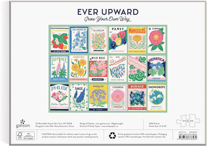 Galison Ever Upward | 1000 Piece Puzzle Fun and Challenging Activity with Bright and Bold Artwork of Vintage Style Flower Seed Packets for Adults and Families