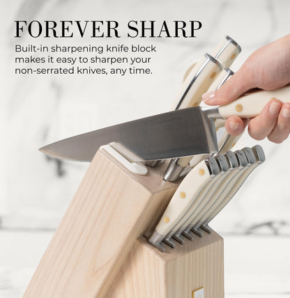 Styled Settings Gold Knife Set with Block and Built-In Sharpener, 14-Piece