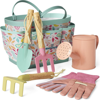Kinderific Gardening Set, Tool Kit, for Kids, STEM, Includes Tote Bag, Spade, Watering Can, Rake, Fork, Trowel and Gloves (Sunshine)