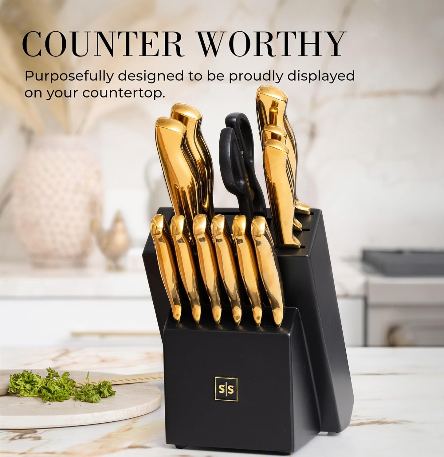 Styled Settings Gold Knife Set with Block and Built-In Sharpener, 14-Piece