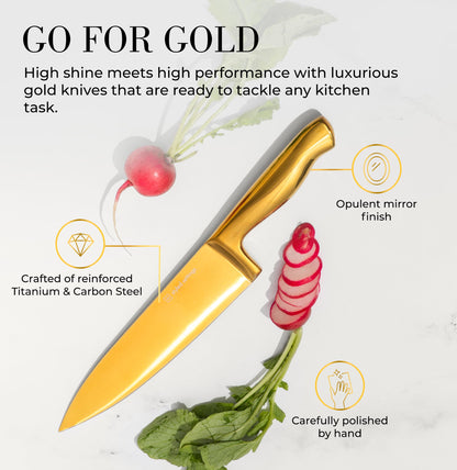 Styled Settings Gold Knife Set with Block and Built-In Sharpener, 14-Piece