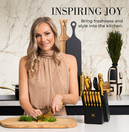 Styled Settings Gold Knife Set with Block and Built-In Sharpener, 14-Piece