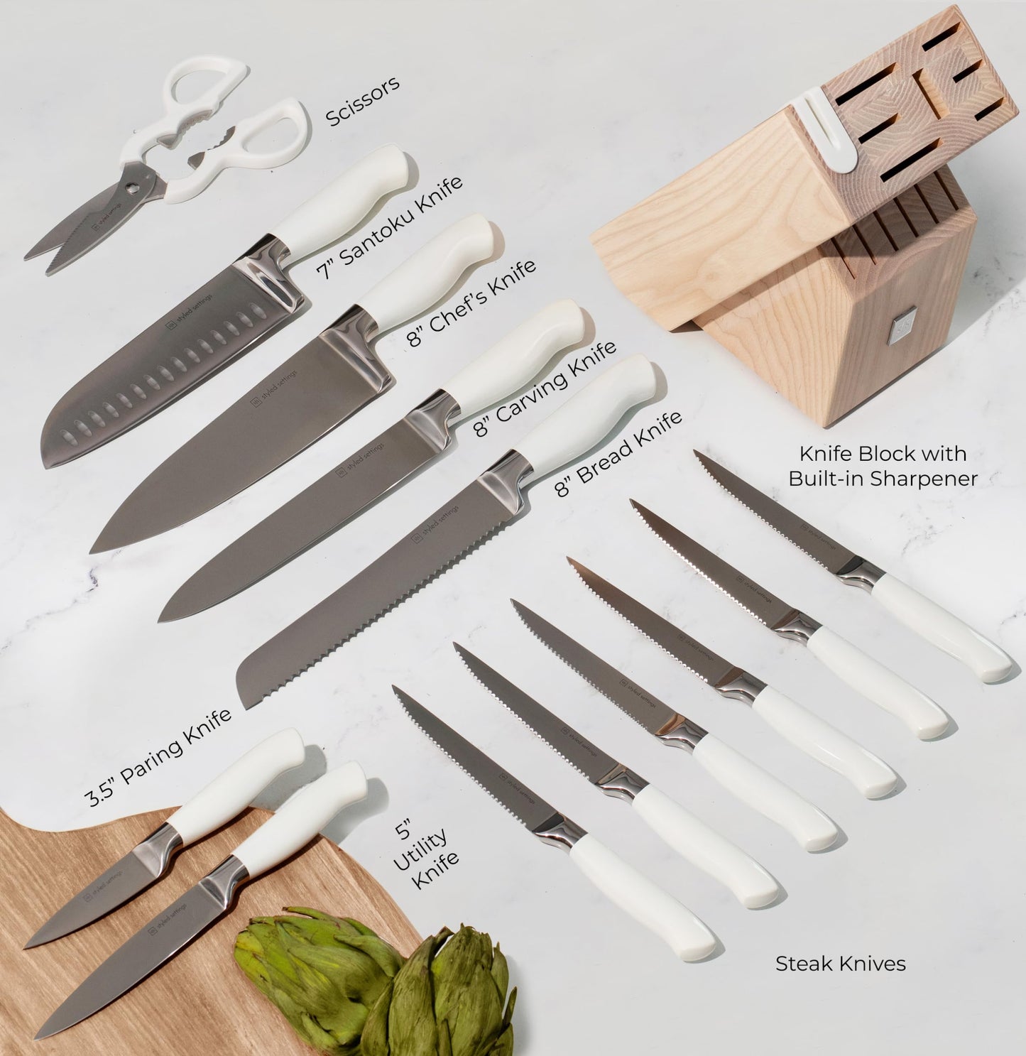 Styled Settings Gold Knife Set with Block and Built-In Sharpener, 14-Piece