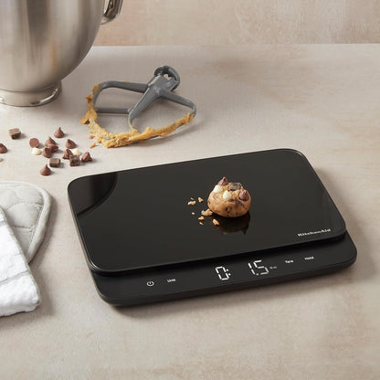 KitchenAid High Capacity Glass Surface Digital Kitchen and Food Scale, 30 Pound Capacity and Precision, Grams, Ounces, Pounds, Fluid Ounces & Milliliters, LED, Tare Function, Black