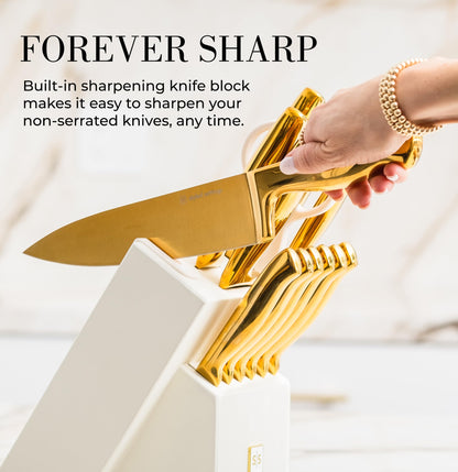 Styled Settings Gold Knife Set with Block and Built-In Sharpener, 14-Piece