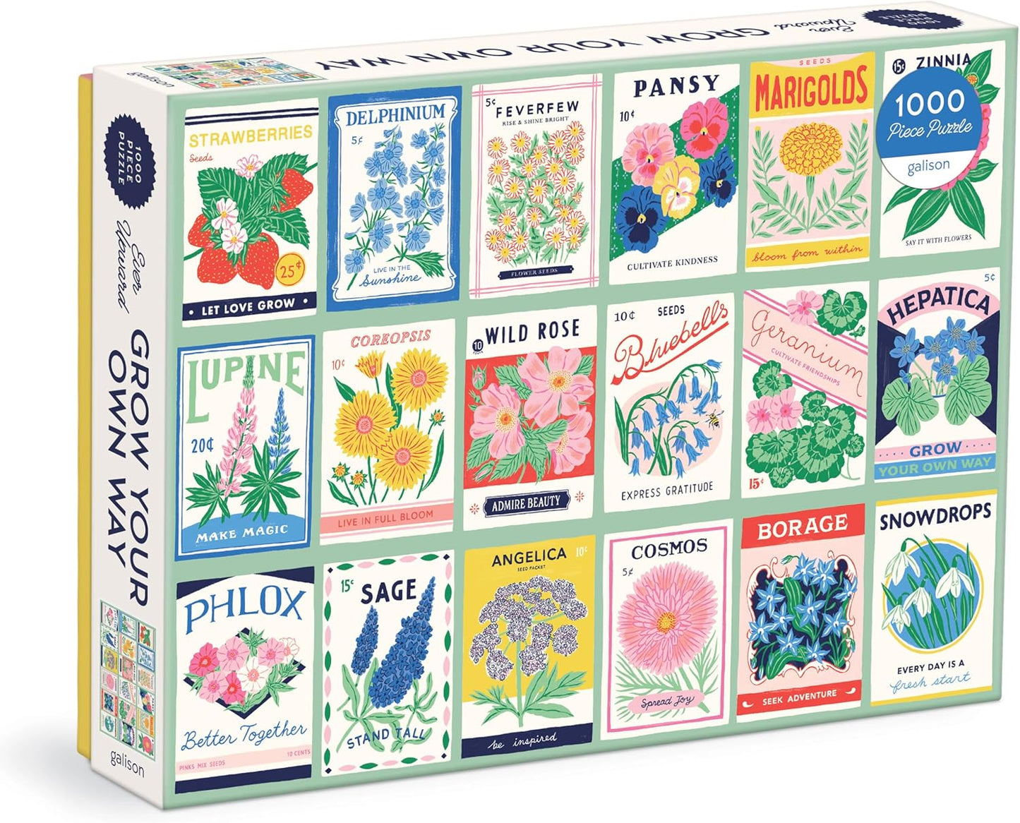 Galison Ever Upward | 1000 Piece Puzzle Fun and Challenging Activity with Bright and Bold Artwork of Vintage Style Flower Seed Packets for Adults and Families