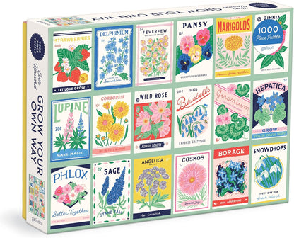 Galison Ever Upward | 1000 Piece Puzzle Fun and Challenging Activity with Bright and Bold Artwork of Vintage Style Flower Seed Packets for Adults and Families