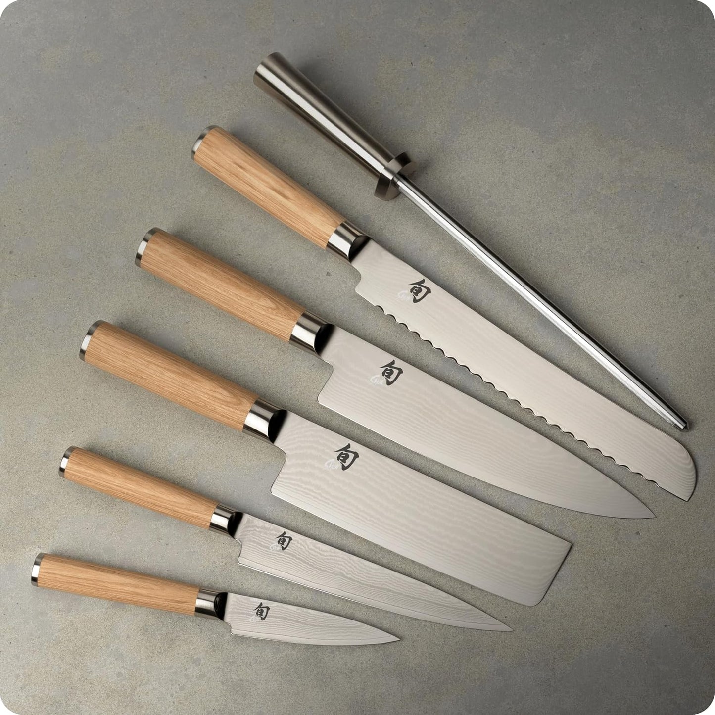 Shun Classic Blonde 7 Piece Block Set | Includes 5 Classic Blonde Knives, Honing Steel and Knife Block, Damascus Stainless Steel Cladding, Pakkawood Handle