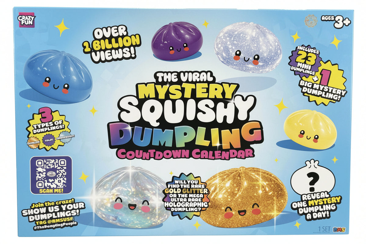 The Viral Mystery Squishy Dumpling Countdown Calendar toy box by Crazy Fun, featuring colorful cartoon dumpling graphics on a bright blue background.