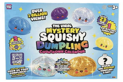 The Viral Mystery Squishy Dumpling Countdown Calendar toy box by Crazy Fun, featuring colorful cartoon dumpling graphics on a bright blue background.