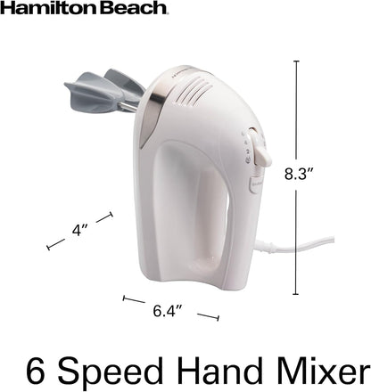 Hamilton Beach 6-Speed Electric Hand Mixer with Whisk, Dough Hooks and Easy Clean Beaters, Powerful 275 Watt Motor, Snap-On Storage Case, White