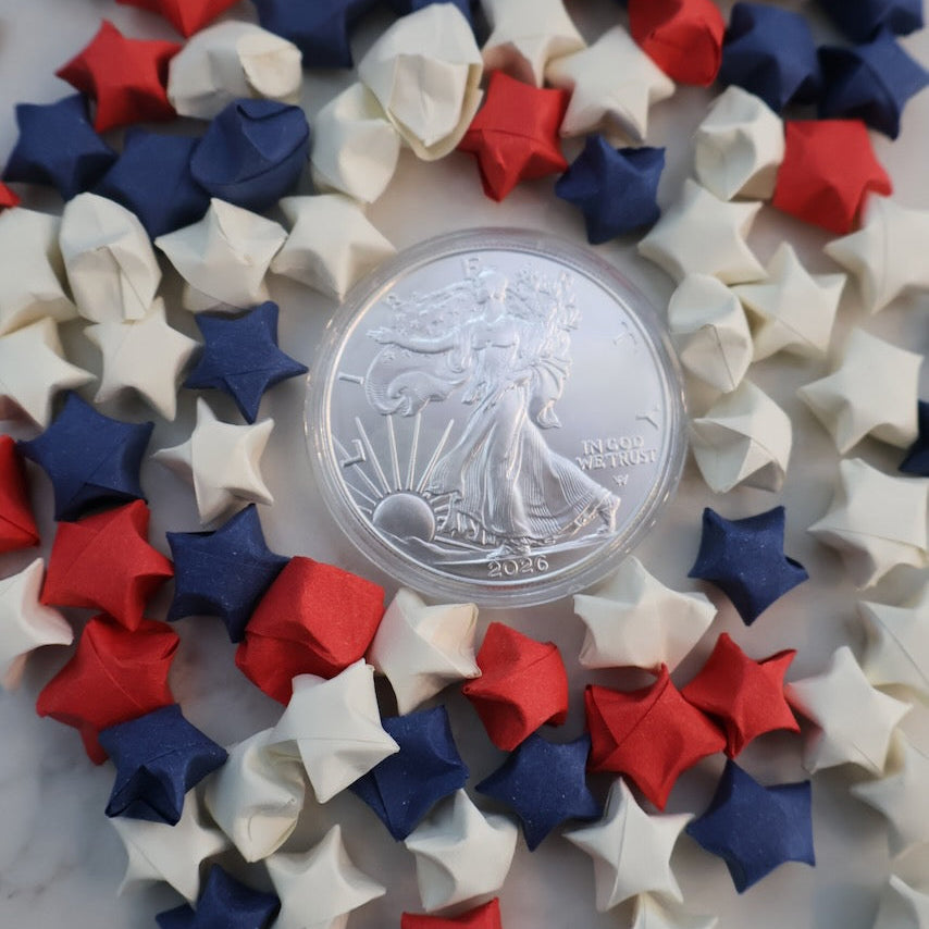American SIlver Eagle Coin & Origami Paper Stars from our 1 oz bullion coin product.