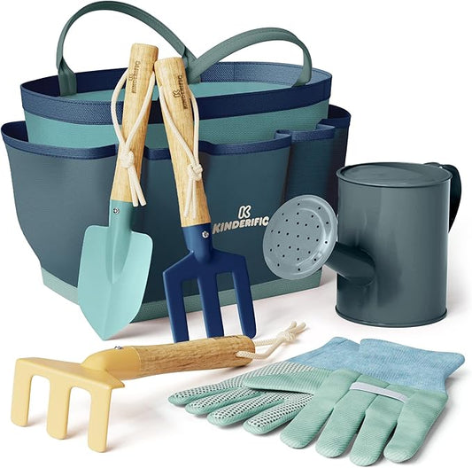 Kinderific Gardening Set, Tool Kit, for Kids, STEM, Includes Tote Bag, Spade, Watering Can, Rake, Fork, Trowel and Gloves (Sunshine)