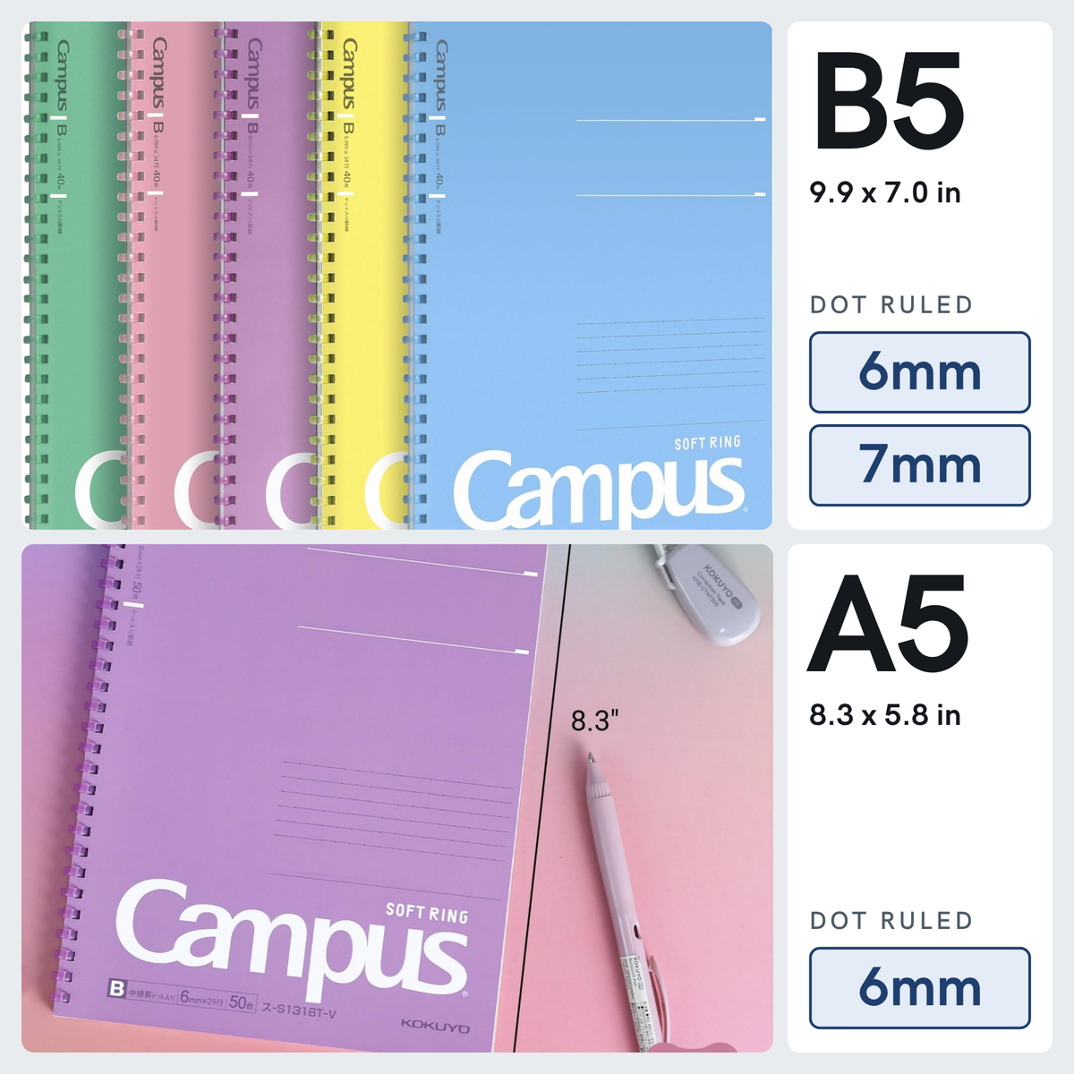KOKUYO Spiral Lined Notebook, 5 Pack 10'' x 7'' Pastel Journal B5 Campus Soft Ring Notebooks with Dot 7 mm Ruled, 40 Sheets, 1 Subject Notebook, Note Taking for School (SU-S111AT)
