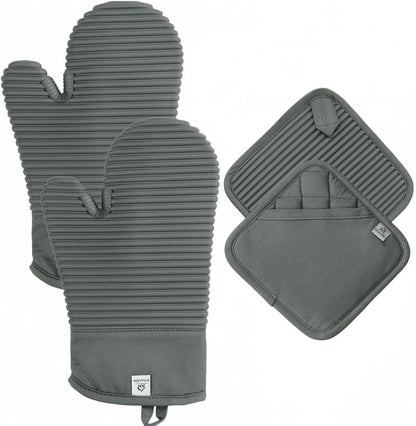 Extra Long Silicone Oven Mitts and Pot Holders Sets | Heat Resistant 500°F BPA-Free Food Grade Silicone Hot Pads & Kitchen Mittens | 4-Piece Set of Oven Gloves & Potholders for Kitchens.