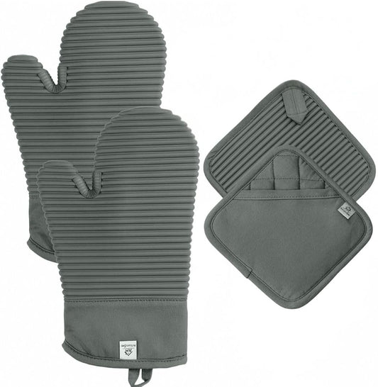Extra Long Silicone Oven Mitts and Pot Holders Sets | Heat Resistant 500°F BPA-Free Food Grade Silicone Hot Pads & Kitchen Mittens | 4-Piece Set of Oven Gloves & Potholders for Kitchens.