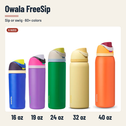 Owala FreeSip insulated stainless steel water bottles in 16, 19, 24, 32 and 40 oz sizes